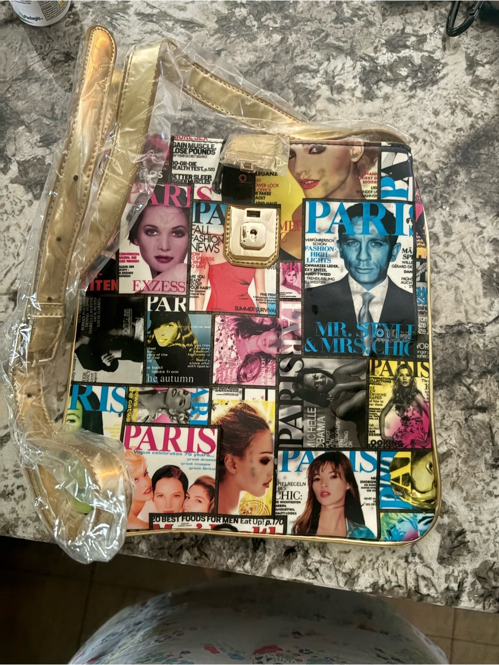 Magazine Collage Crossbody Bag in Multicolor with Gold Trim